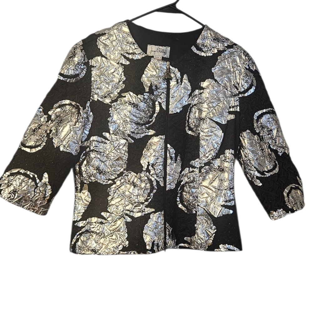 Joseph Ribkoff Women's Black Jacket with Silver Floral Design Size 12